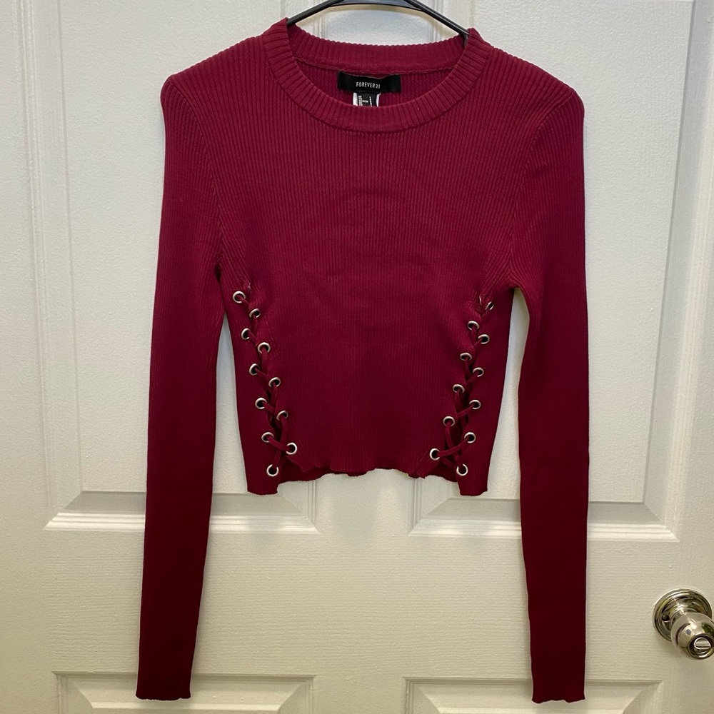 NWT Forever 21 Burgundy Lace up Long Sleeve Ribbed Top